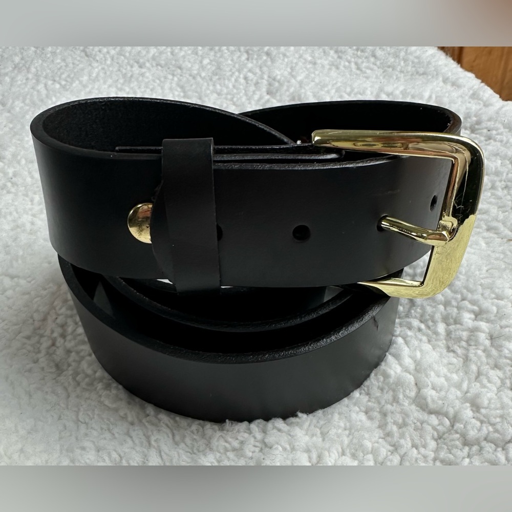 Dark Brown Leather Belt with Gold Buckle size 56 47.5-57.5” at holes.